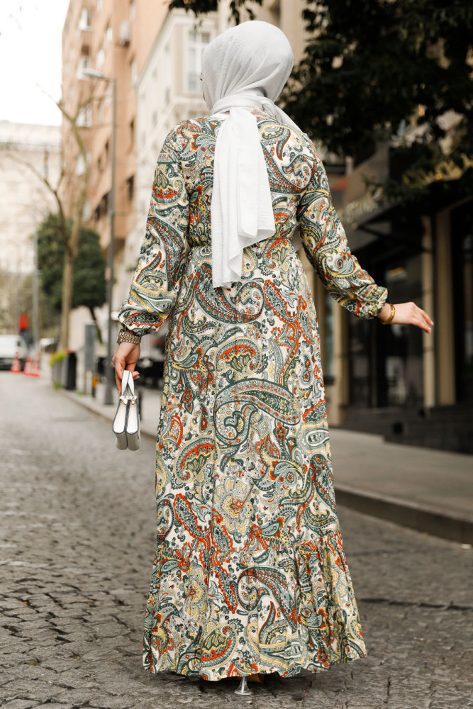 Modest Khaki Floral Long Dress 71152HK - 4