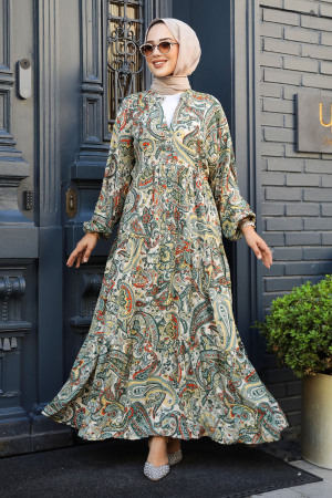 Modest Khaki Floral Maxi Dress 23585HK - 1