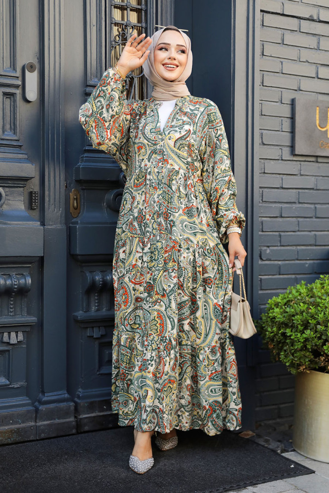 Modest Khaki Floral Maxi Dress 23585HK - 2