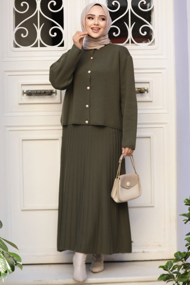Modest Khaki Knitwear Skirted Dual Suit 40013HK - 3