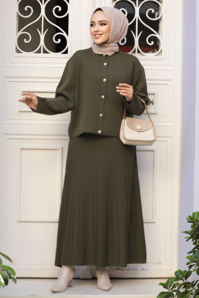 Modest Khaki Knitwear Skirted Dual Suit 40013HK - 1