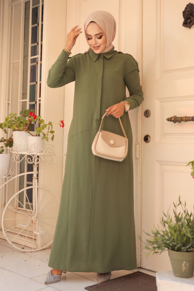 Modest Khaki Maxi Dress 12501HK - 1