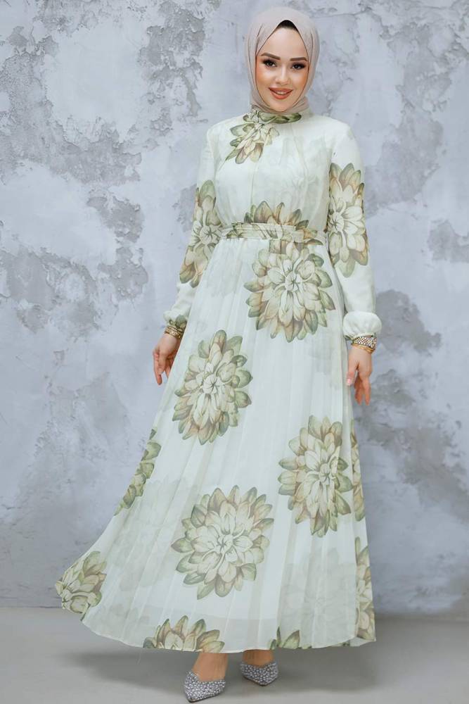 Modest Khaki Pleated Floral Dress 344603HK - 1