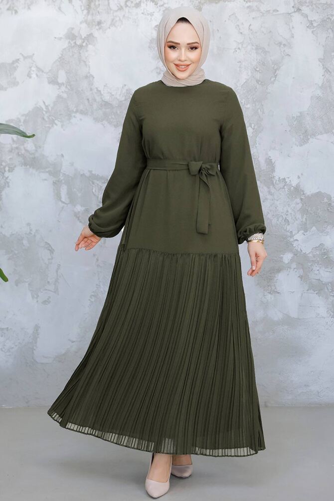 Modest Khaki Pleated Long Dress 23771HK - 1