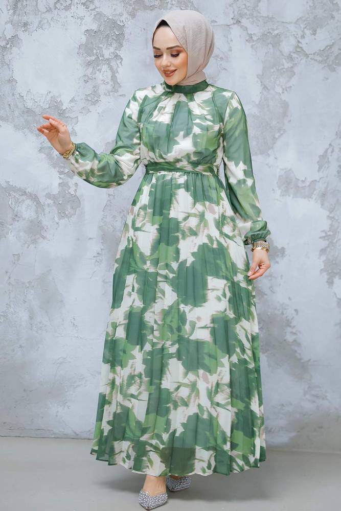 Modest Khaki Pleated Maxi Dress 344602HK - 1