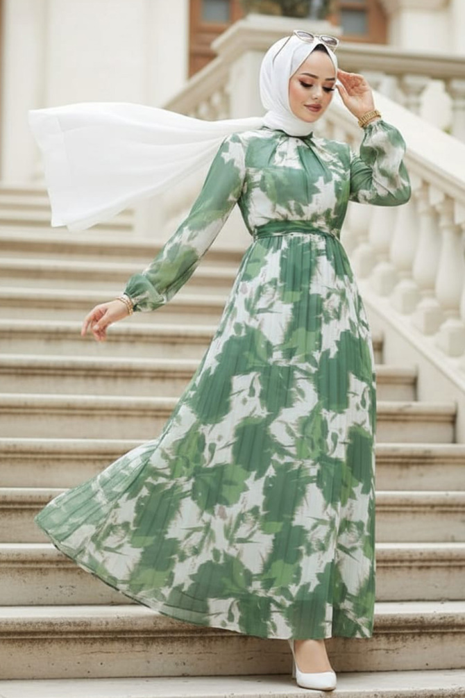 Modest Khaki Pleated Maxi Dress 344602HK - 1