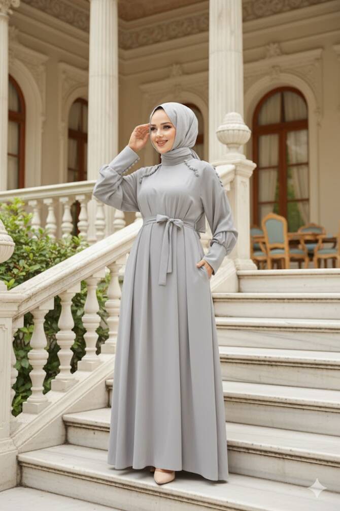 Modest Light Grey Abaya Dress 330104AGR - 1
