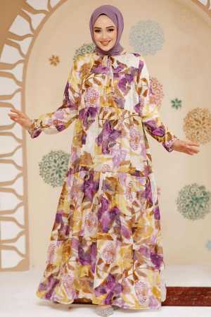 Modest Lila Floral Long Dress 23604LILA - 1