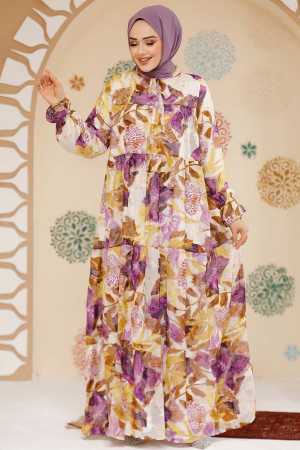 Modest Lila Floral Long Dress 23604LILA - 2