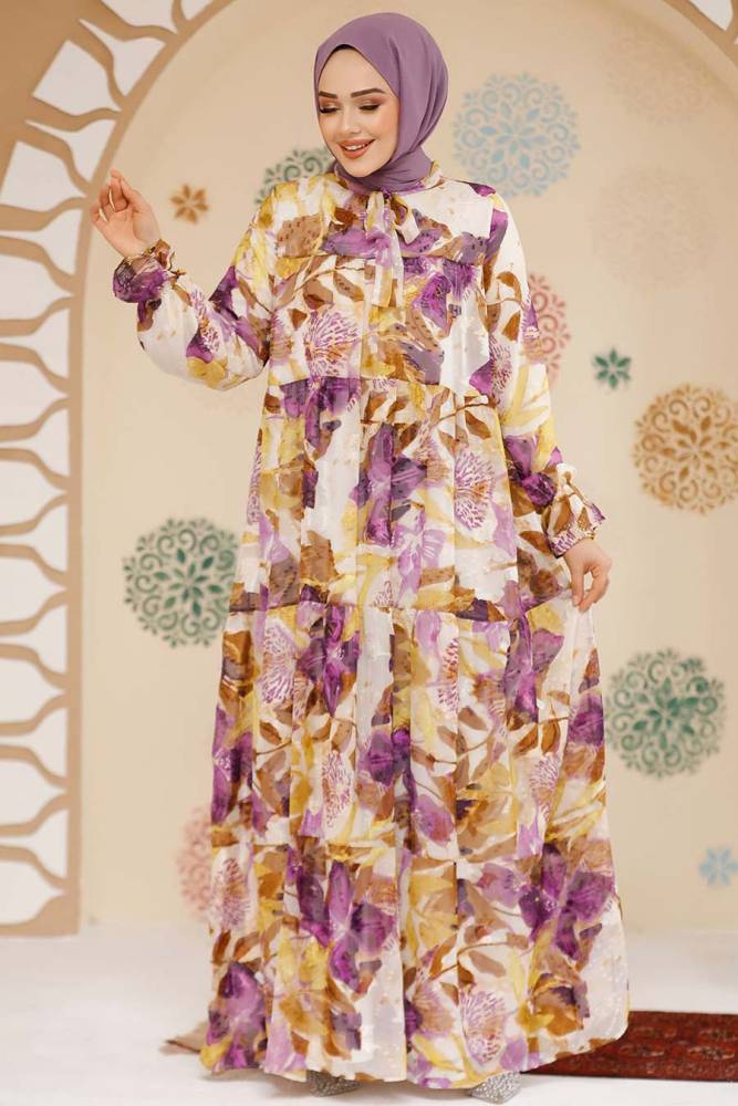 Modest Lila Floral Long Dress 23604LILA - 2