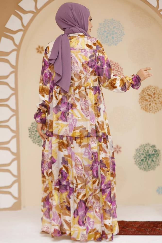 Modest Lila Floral Long Dress 23604LILA - 3