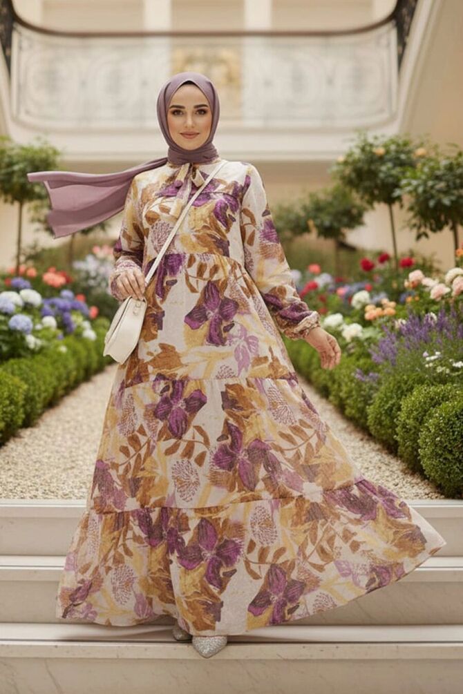 Modest Lila Floral Long Dress 23604LILA - 1