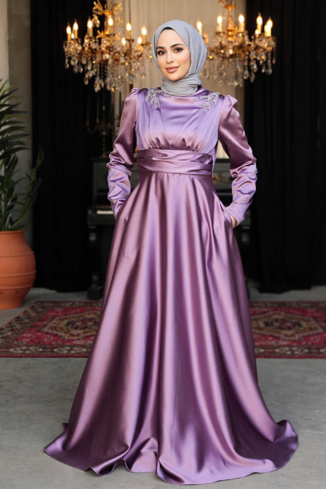 Modest Lila Satin Bridesmaid Dress 25880LILA - 2