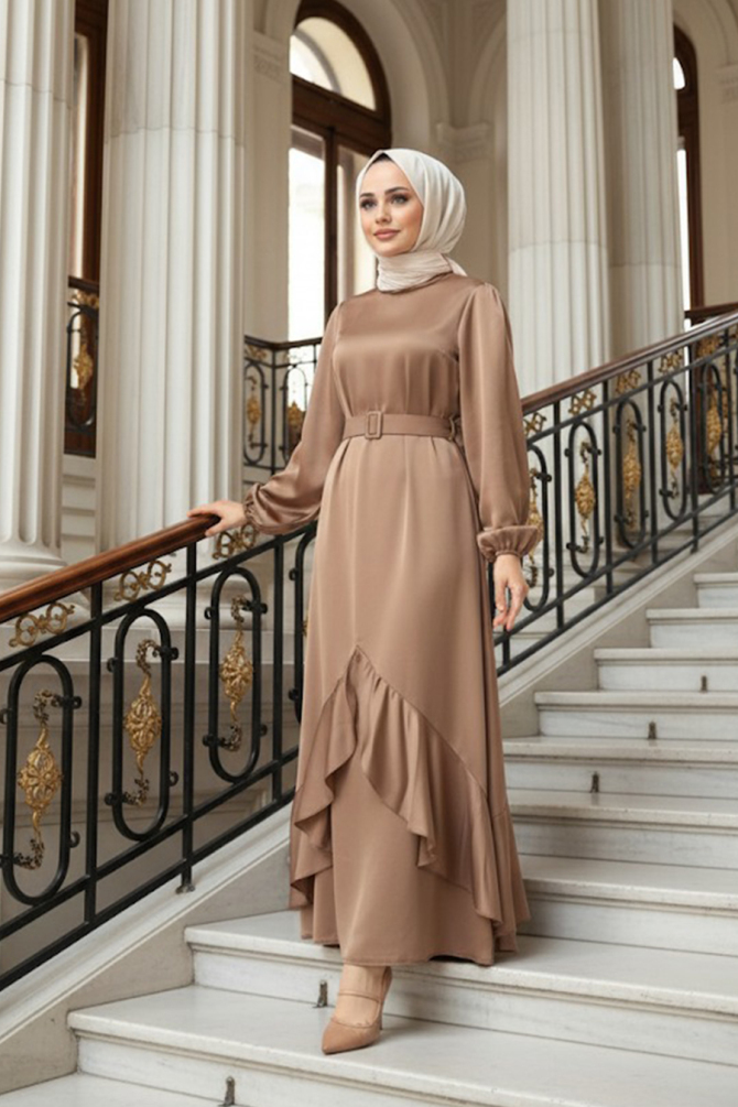 Modest Mink Satin Dress 45661V - NEVA STYLE