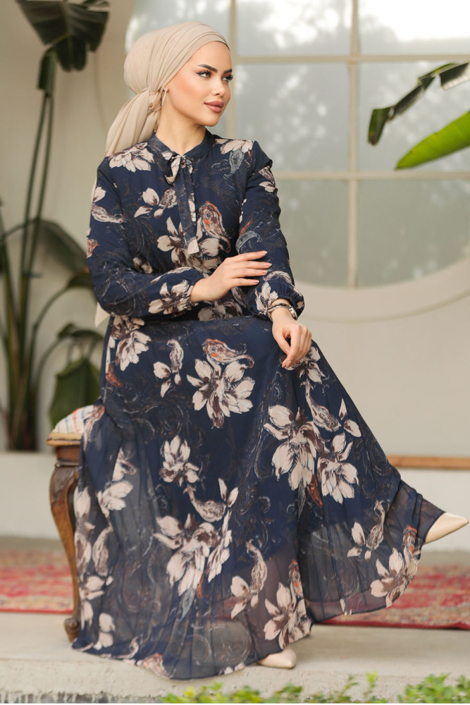 Modest Navy Blue Chiffon Floral Dresses 50355L - 7