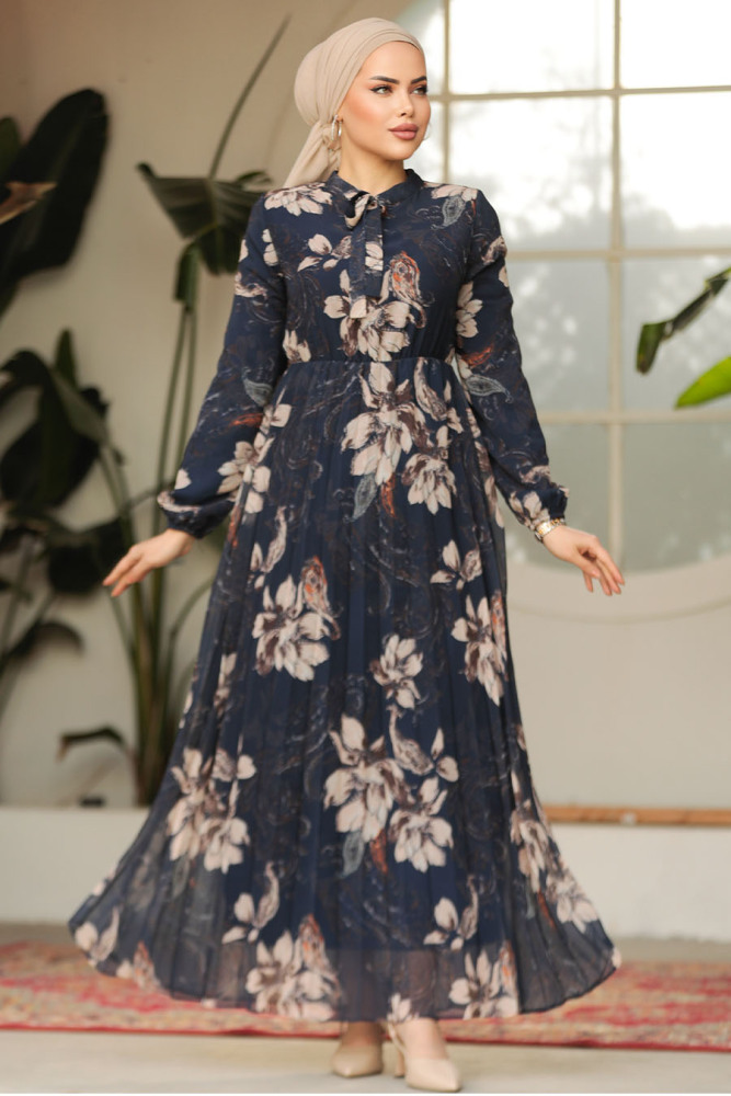 Modest Navy Blue Chiffon Floral Dresses 50355L - 2