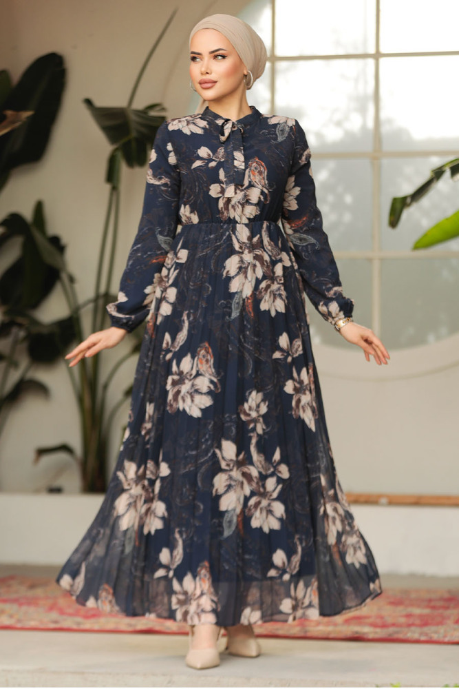 Modest Navy Blue Chiffon Floral Dresses 50355L - 3