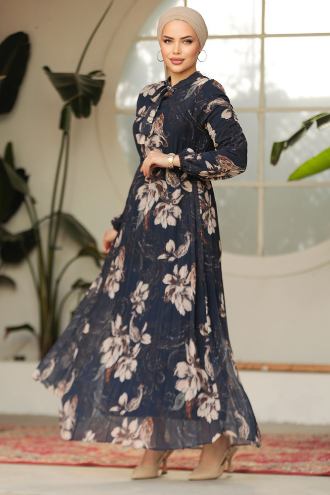 Modest Navy Blue Chiffon Floral Dresses 50355L - 4