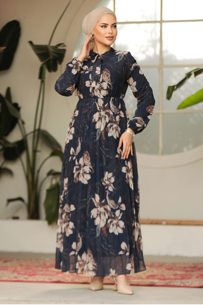 Modest Navy Blue Chiffon Floral Dresses 50355L - 5