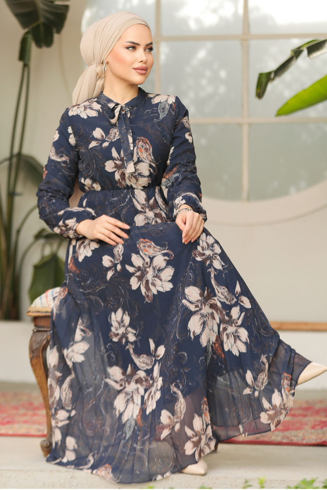 Modest Navy Blue Chiffon Floral Dresses 50355L - 1