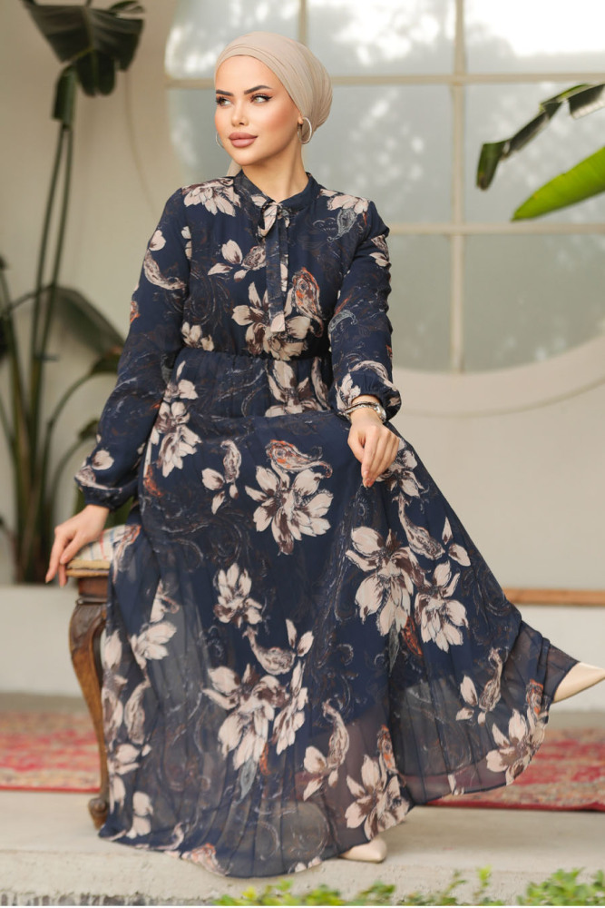 Modest Navy Blue Chiffon Floral Dresses 50355L - 6