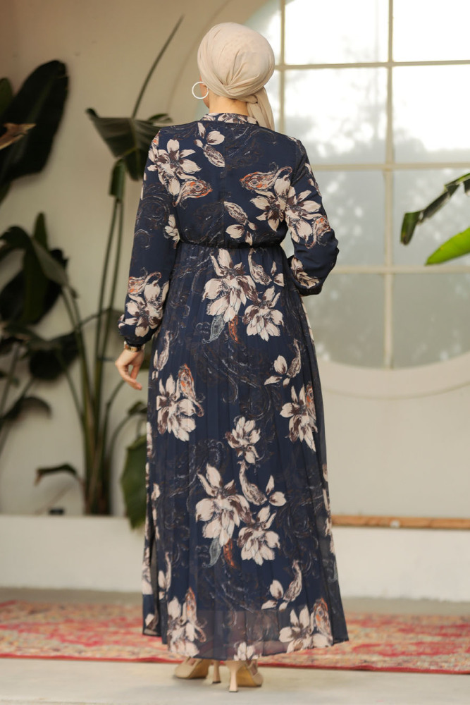 Modest Navy Blue Chiffon Floral Dresses 50355L - 8
