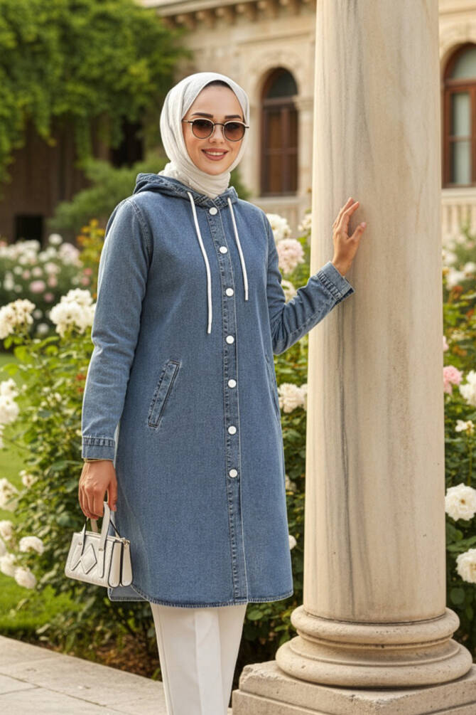 Modest Navy Blue Denim Coat 19117L - NEVA STYLE