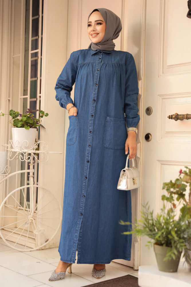 Modest Navy Blue Denim Dress 10922L - 1