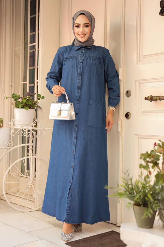 Modest Navy Blue Denim Dress 10922L - 2
