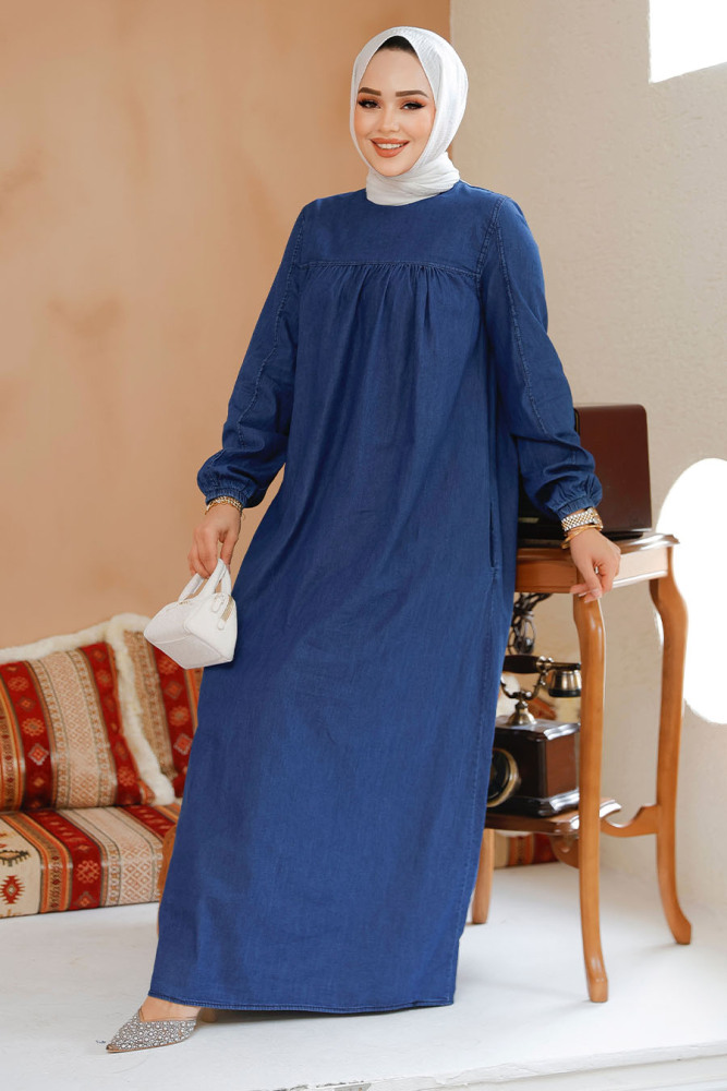 Modest Navy Blue Denim Dress 19125L - 2