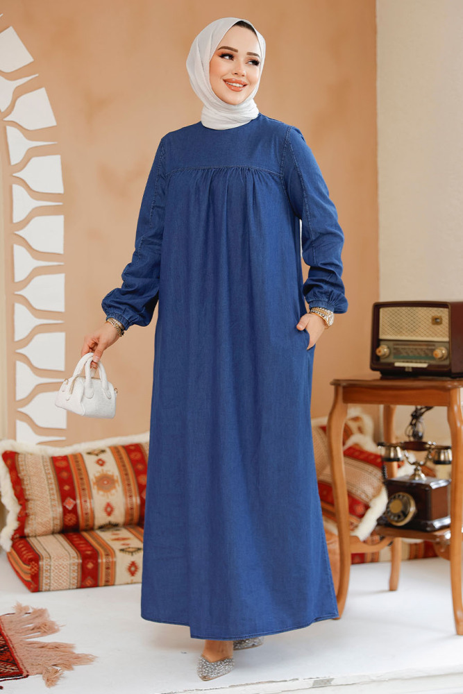 Modest Navy Blue Denim Dress 19125L - 1