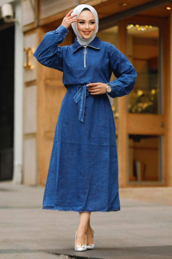 Modest Navy Blue Denim Maxi Dress 19108L - 1