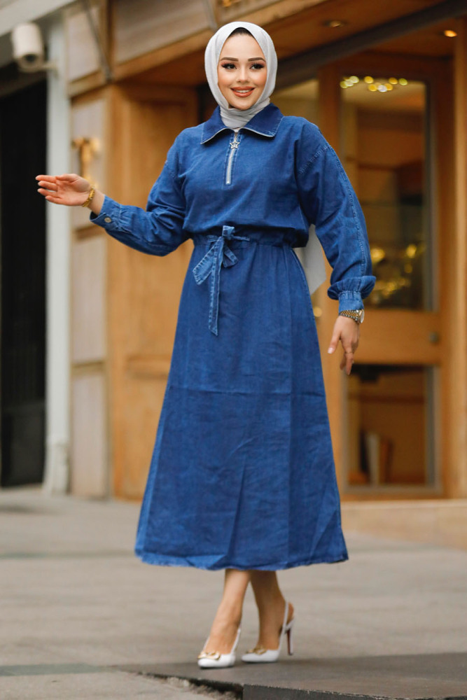 Modest Navy Blue Denim Maxi Dress 19108L - 2