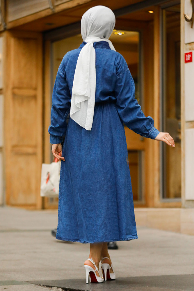 Modest Navy Blue Denim Maxi Dress 19108L - 3