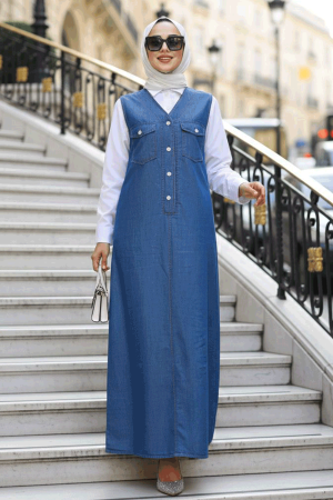Modest Navy Blue Denim Salopet Dress 19018L - 1