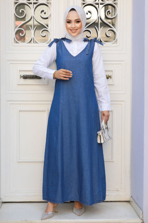 Modest Navy Blue Denim Salopet Dress 19019L - 2
