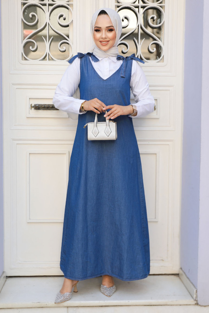 Modest Navy Blue Denim Salopet Dress 19019L - 1