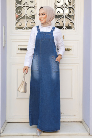 Modest Navy Blue Denim Salopet Dress 19020L - 1