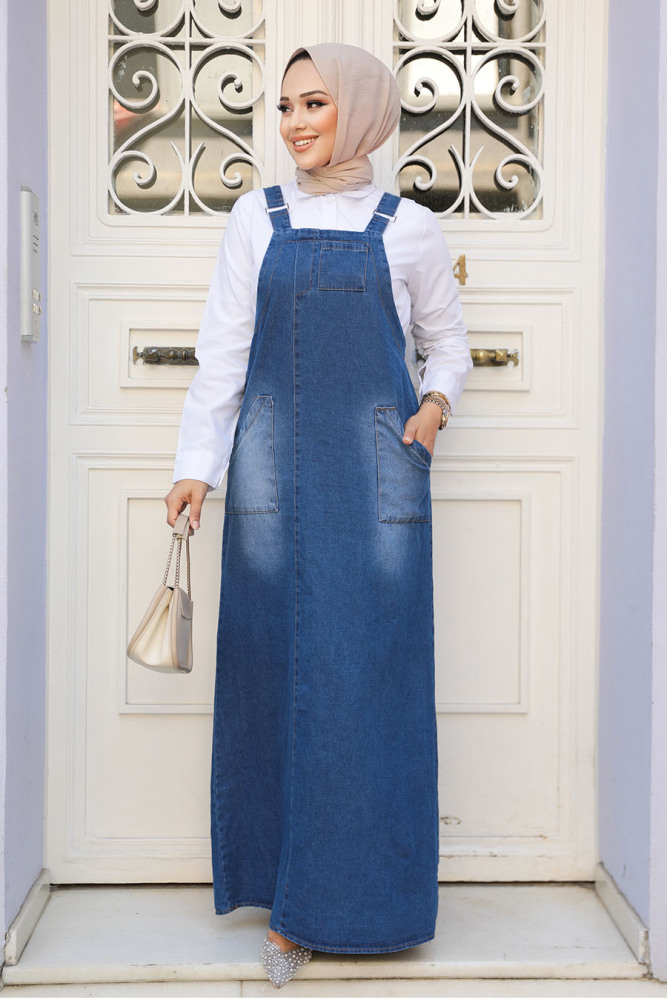 Modest Navy Blue Denim Salopet Dress 19020L - 1