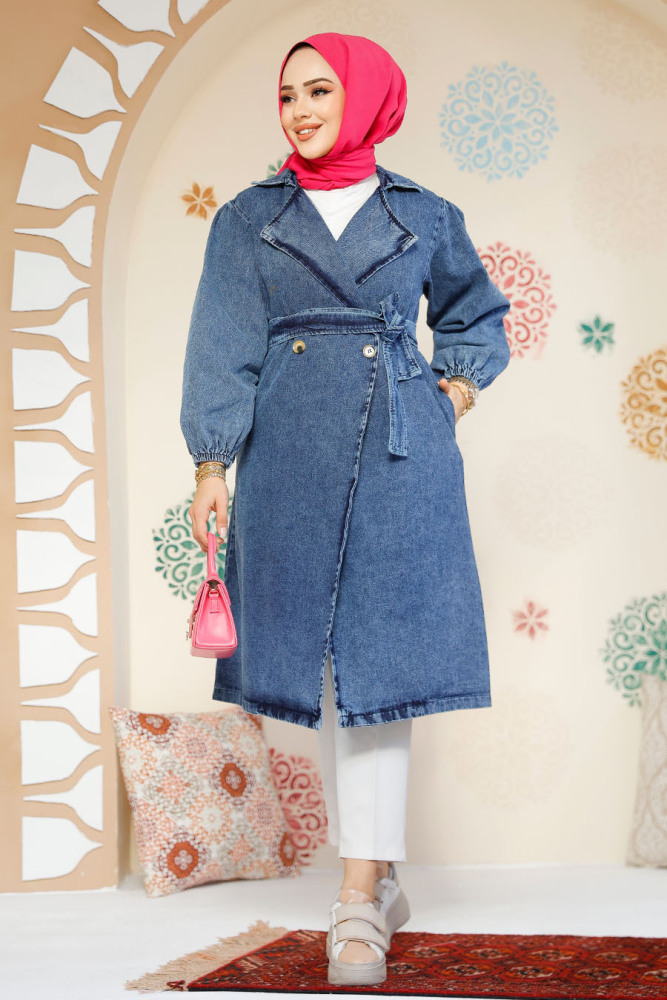 Modest Navy Blue Denim Trench Coat 19128KM - 1