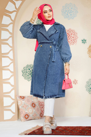 Modest Navy Blue Denim Trench Coat 19128KM - 2