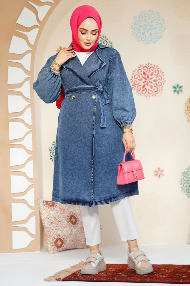 Modest Navy Blue Denim Trench Coat 19128KM - 3