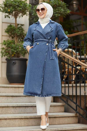 Modest Navy Blue Denim Trench Coat 19128KM - 1