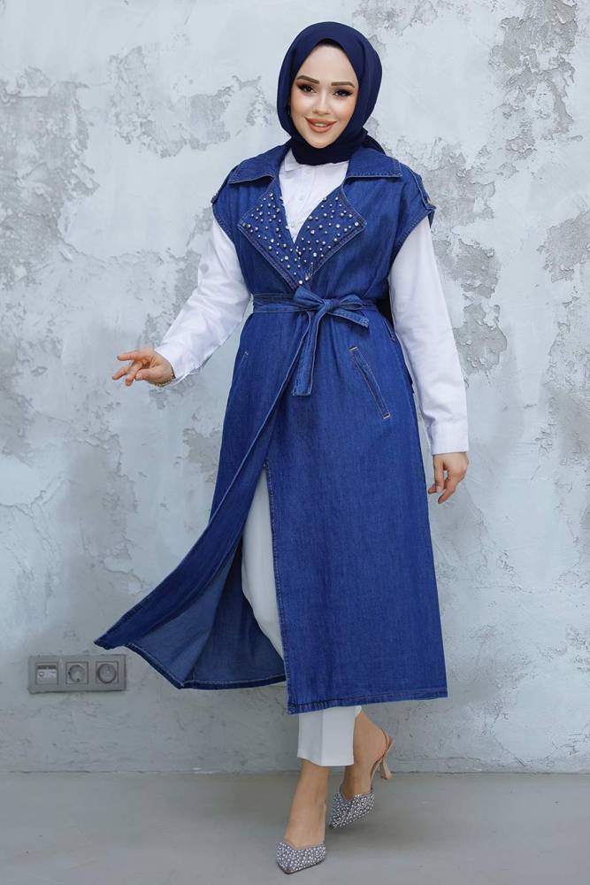 Modest Navy Blue Denim Vest 6551L - 1