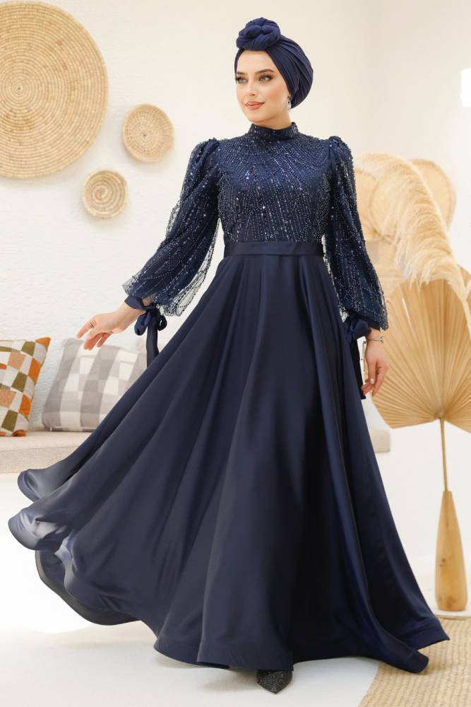 Modest Navy Blue Elegant Evening Dress 46671L - 1
