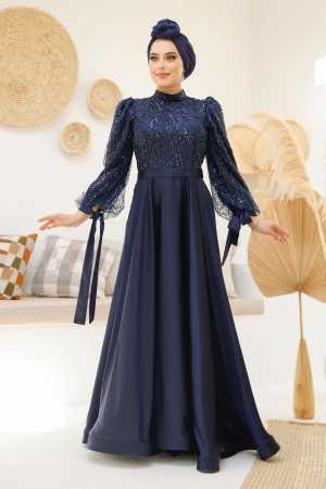 Modest Navy Blue Elegant Evening Dress 46671L - 2