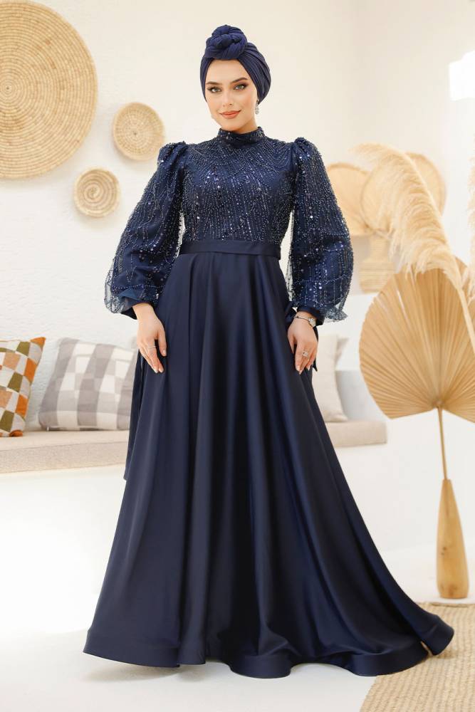 Modest Navy Blue Elegant Evening Dress 46671L - 3