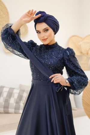 Modest Navy Blue Elegant Evening Dress 46671L - 4