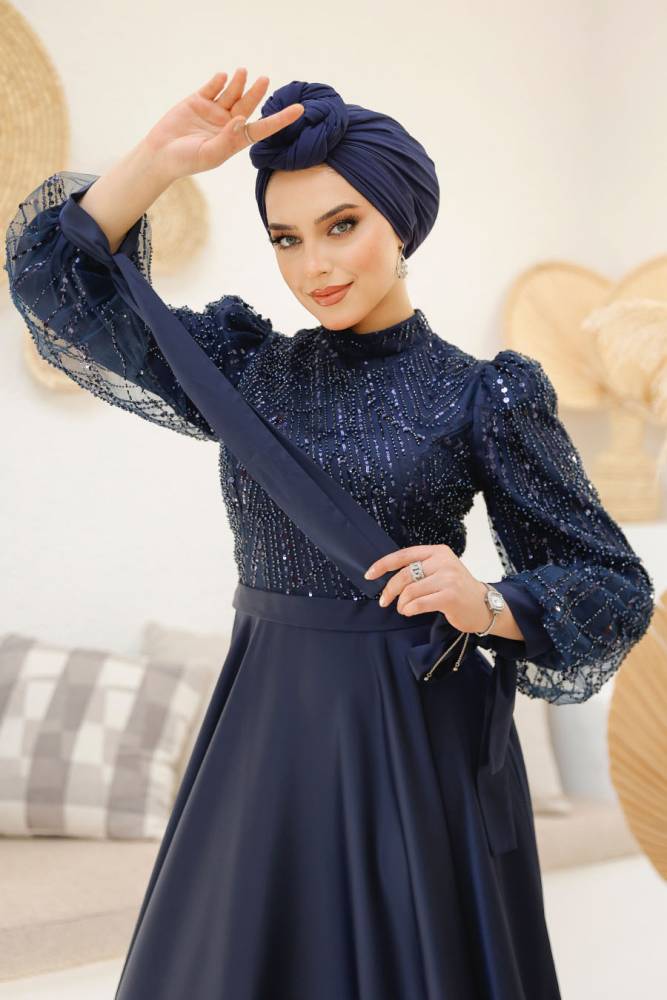 Modest Navy Blue Elegant Evening Dress 46671L - 4