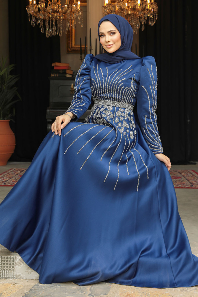Modest Navy Blue Elegant Evening Dress 52071L - 2